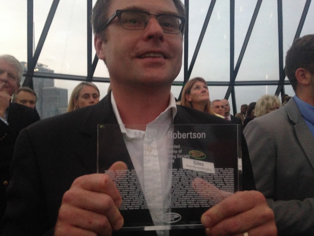 Giles Robertson awarded Fellowship of Marketing Society at the Fellowship Awards, The Gherkin 27/09/2014